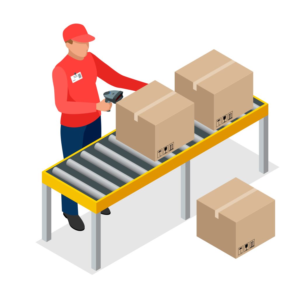 Isometric Warehouse manager or worker with bar code scanner checking goods on storage racks