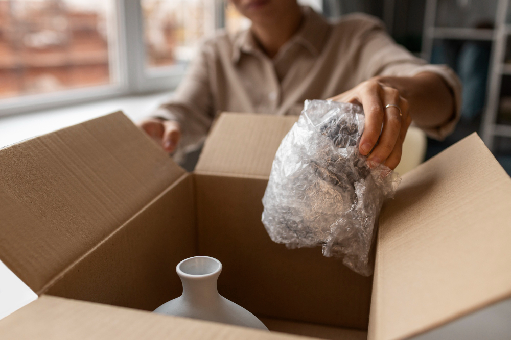 items being wrapped in bubble wrap and placed in box